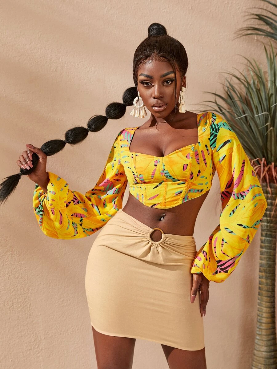 Slaydiva 圖案印花露背繫帶燈籠袖上衣 - 彩色 - 查看 1