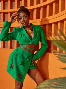 Slaydiva Notched Collar Single Button Crop Blazer - Green - View 7