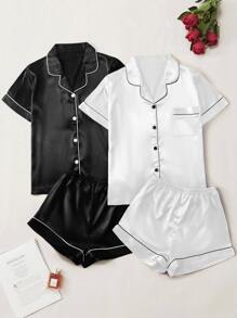 Satin Contrast Binding 2 Pcs Blouse & 2 Pcs Shorts - Black and White - View 1