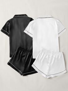 Satin Contrast Binding 2 Pcs Blouse & 2 Pcs Shorts - Black and White - View 2