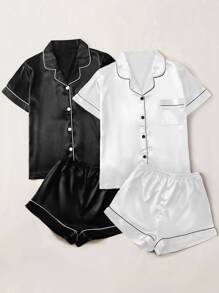 Satin Contrast Binding 2 Pcs Blouse & 2 Pcs Shorts - Black and White - View 3