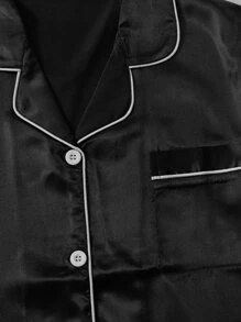 Satin Contrast Binding 2 Pcs Blouse & 2 Pcs Shorts - Black and White - View 4