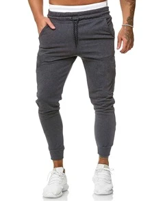 Manfinity Homme Nam Chất rắn Eo dây rút Quần thể thao - Màu xám đen - Xem 1