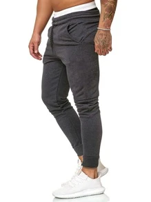 Manfinity Homme Nam Chất rắn Eo dây rút Quần thể thao - Màu xám đen - Xem 3