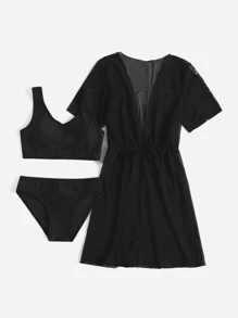 3 paquetes Conjunto de bikini liso y kimono para niña preadolescente, verano playa - Negro - Ver 1