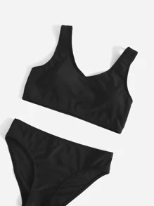 3 paquetes Conjunto de bikini liso y kimono para niña preadolescente, verano playa - Negro - Ver 2