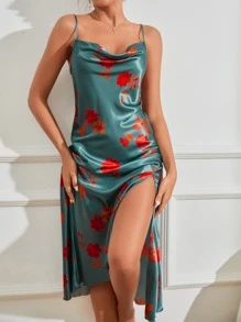 緞面印花開衩睡裙 - 薄荷綠 - 查看 3