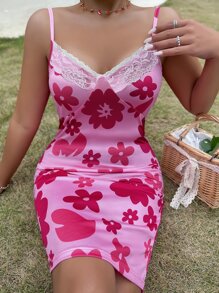 Floral Print Lace Trim Bodycon Dress - Multicolor - View 1