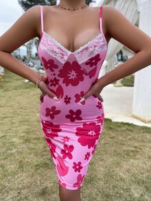 Floral Print Lace Trim Bodycon Dress - Multicolor - View 5