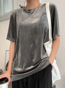 DAZY Áo thun tay ngắn trơn màu đơn giản dành cho nữ, thường ngày cho mùa xuân và mùa hè - Màu xám đen - Xem 3