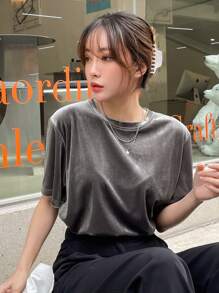 DAZY Áo thun tay ngắn trơn màu đơn giản dành cho nữ, thường ngày cho mùa xuân và mùa hè - Màu xám đen - Xem 6