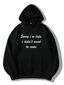 SHEIN EZwear Slogan Graphic Kangaroo Pocket Drawstring Thermal Hoodie - Black - View 1