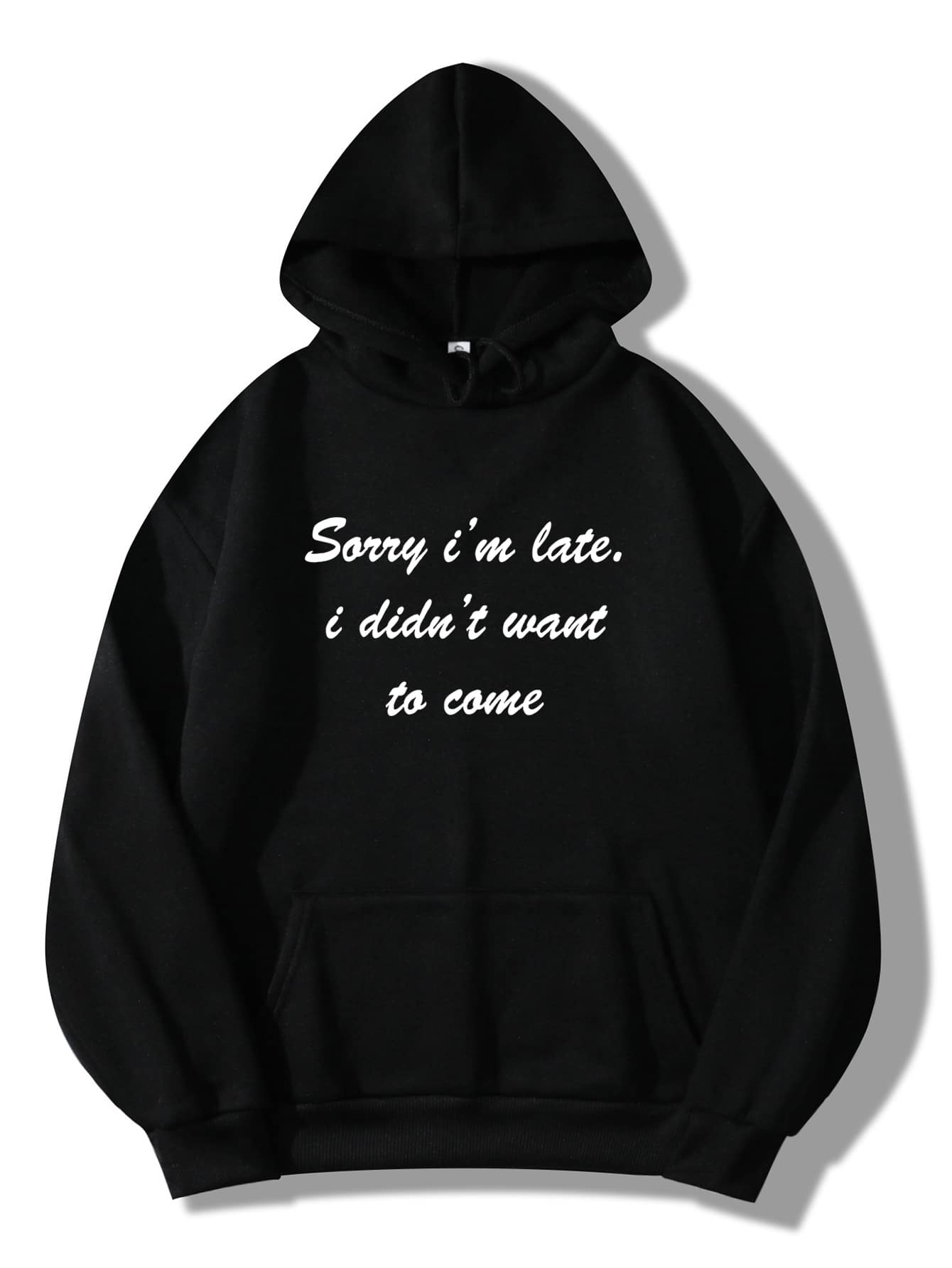 SHEIN EZwear Slogan Graphic Kangaroo Pocket Drawstring Thermal Hoodie - Black - View 1