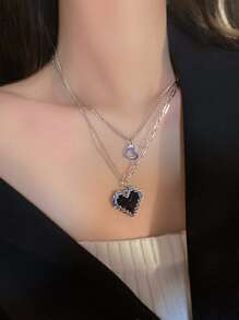 心形墜飾多層次項鍊 - 銀色 - 查看 1
