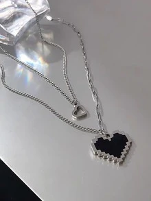 心形墜飾多層次項鍊 - 銀色 - 查看 2