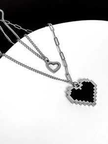 心形墜飾多層次項鍊 - 銀色 - 查看 3