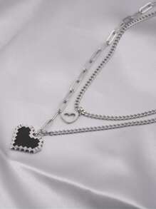心形墜飾多層次項鍊 - 銀色 - 查看 4