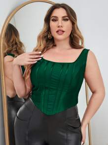 SHEIN BAE 大碼不對稱下擺緞面背心上衣 - 軍綠色 - 查看 1