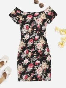 SHEIN Clasi Plus Off Shoulder Allover Floral Print Split Hem Dress - Multicolor - View 1