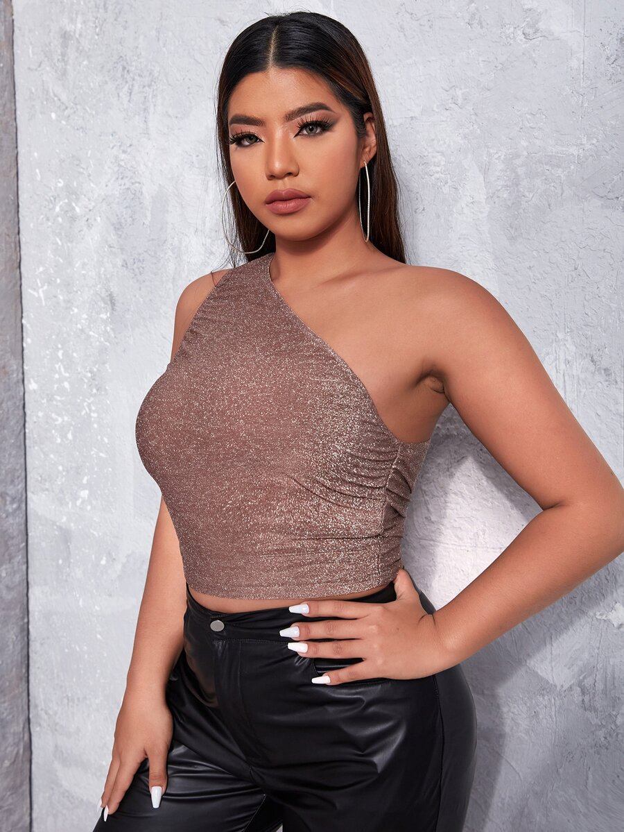 Plus One Shoulder Crop Glitter Top - Dusty Pink - View 1