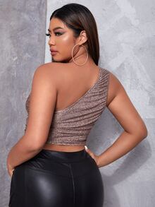 Plus One Shoulder Crop Glitter Top - Dusty Pink - View 2