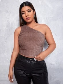 Plus One Shoulder Crop Glitter Top - Dusty Pink - View 3