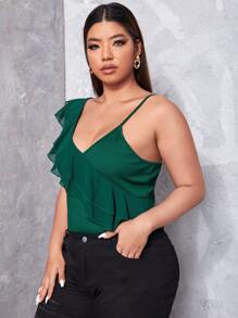 SHEIN Privé Plus Asymmetrical Neck Ruffle Trim Top - Dark Green - View 3