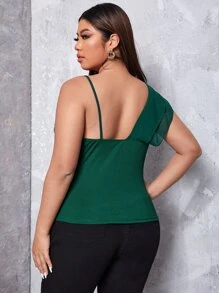 SHEIN Privé Plus Asymmetrical Neck Ruffle Trim Top - Dark Green - View 2