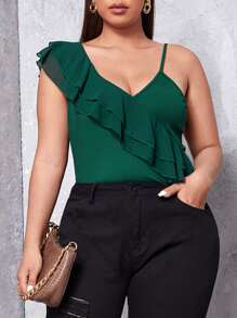 SHEIN Privé Plus Asymmetrical Neck Ruffle Trim Top - Dark Green - View 1