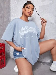 SHEIN EZwear Plus Letter Graphic Drop Shoulder Tee - Dusty Blue - View 1