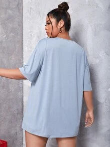 SHEIN EZwear Plus Letter Graphic Drop Shoulder Tee - Dusty Blue - View 2
