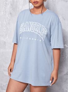 SHEIN EZwear Plus Letter Graphic Drop Shoulder Tee - Dusty Blue - View 4