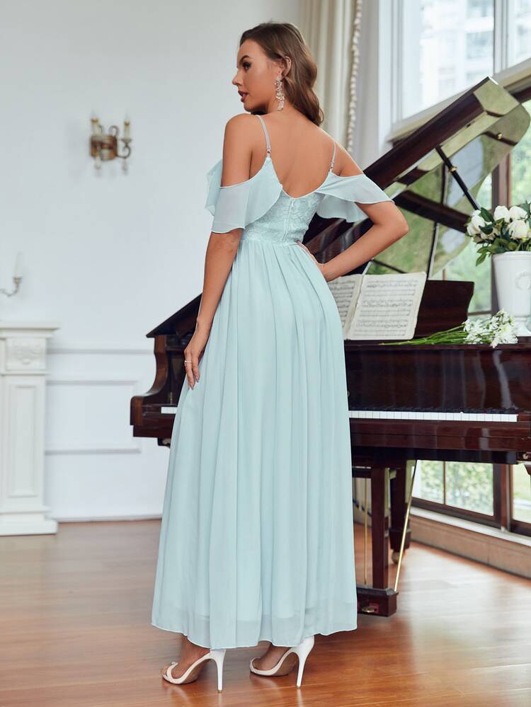 Cold Shoulder Ruffle Trim Contrast Lace Chiffon Bridesmaid Dress