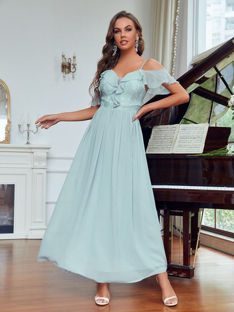 Cold Shoulder Ruffle Trim Contrast Lace Chiffon Bridesmaid Dress