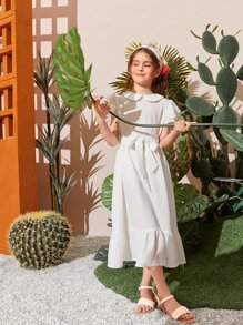 SHEIN 女孩蝴蝶袖腰帶荷葉邊洋裝