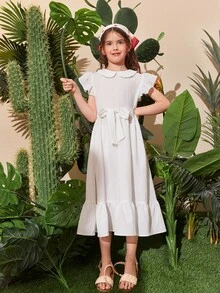 SHEIN 女孩蝴蝶袖腰帶荷葉邊洋裝