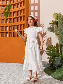 SHEIN 女孩蝴蝶袖腰帶荷葉邊洋裝