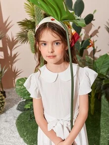 SHEIN 女孩蝴蝶袖腰帶荷葉邊洋裝