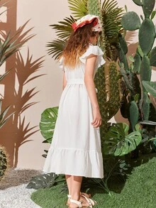 SHEIN 女孩蝴蝶袖腰帶荷葉邊洋裝