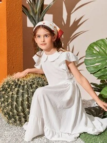 SHEIN 女孩蝴蝶袖腰帶荷葉邊洋裝