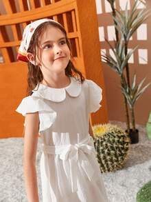 SHEIN 女孩蝴蝶袖腰帶荷葉邊洋裝