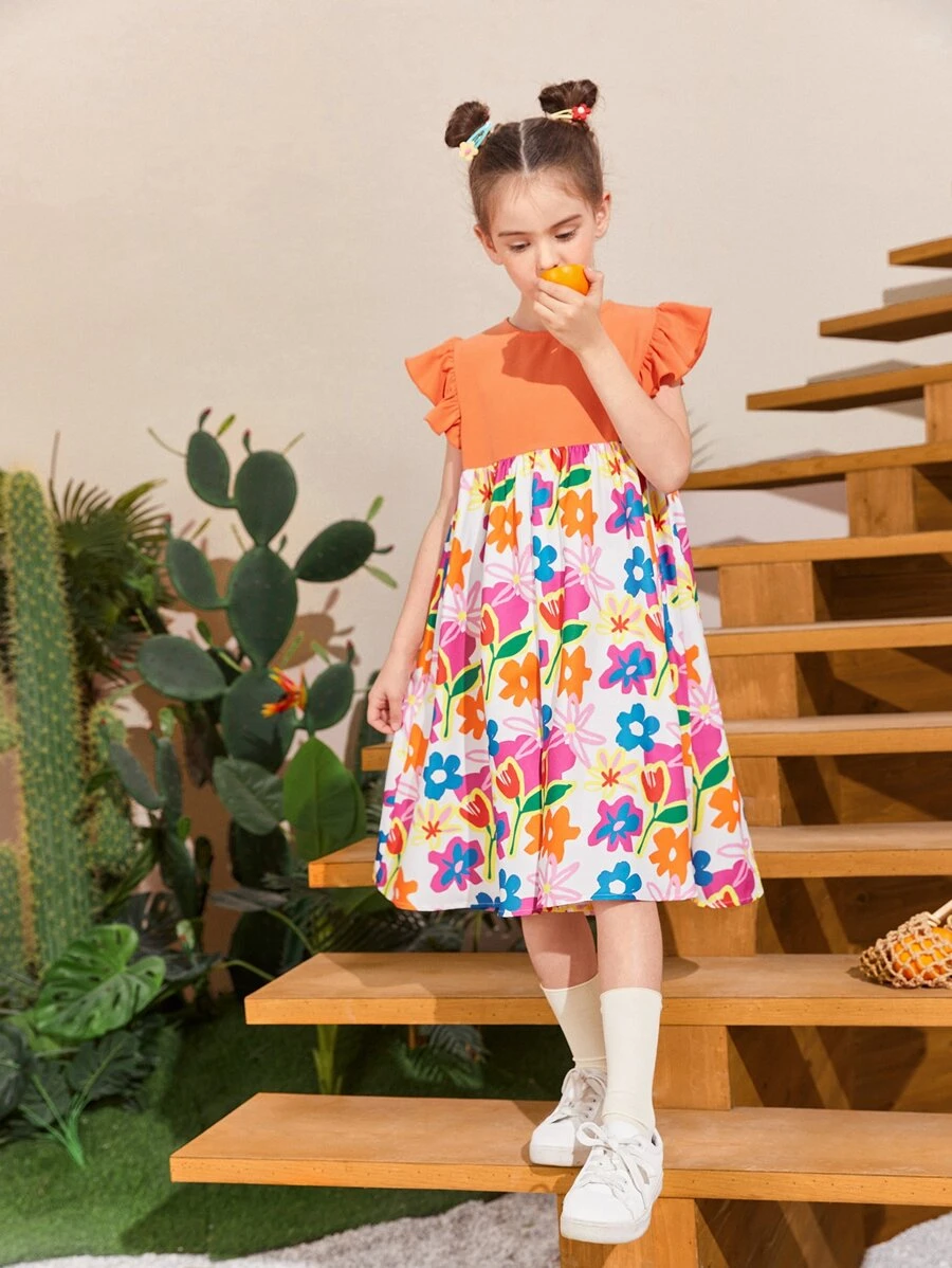 SHEIN 女孩印花蝴蝶袖娃娃裙 - 彩色 - 查看 1