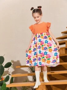 SHEIN 女孩印花蝴蝶袖娃娃裙 - 彩色 - 查看 3