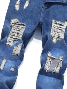 ROMWE MEN Hombres Jeans desgarro unicolor - Azul - Ver 4