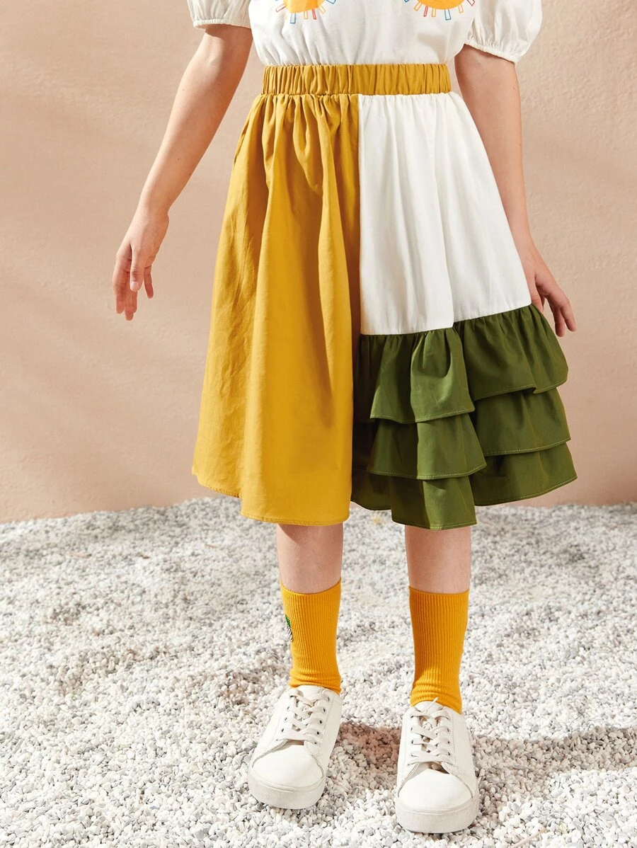 SHEIN Girls Layered Hem Colourblock Skirt - Multicolor - View 1