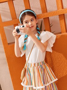 SHEIN Girls Keyhole Back Butterfly Sleeve Blouse - White - View 3