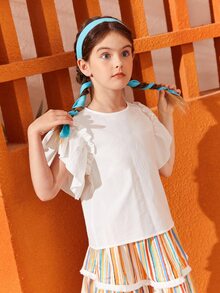 SHEIN Girls Keyhole Back Butterfly Sleeve Blouse - White - View 4