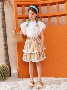 SHEIN Girls Keyhole Back Butterfly Sleeve Blouse - White - View 6