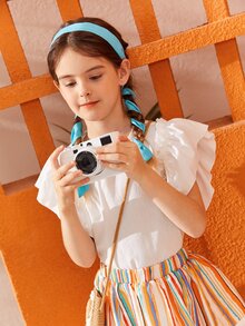 SHEIN Girls Keyhole Back Butterfly Sleeve Blouse - White - View 7