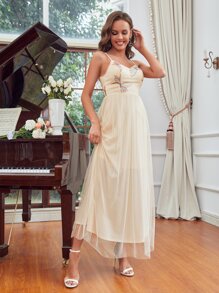 亮片拼接蜻蜓刺繡網紗超長吊帶裙伴娘禮服